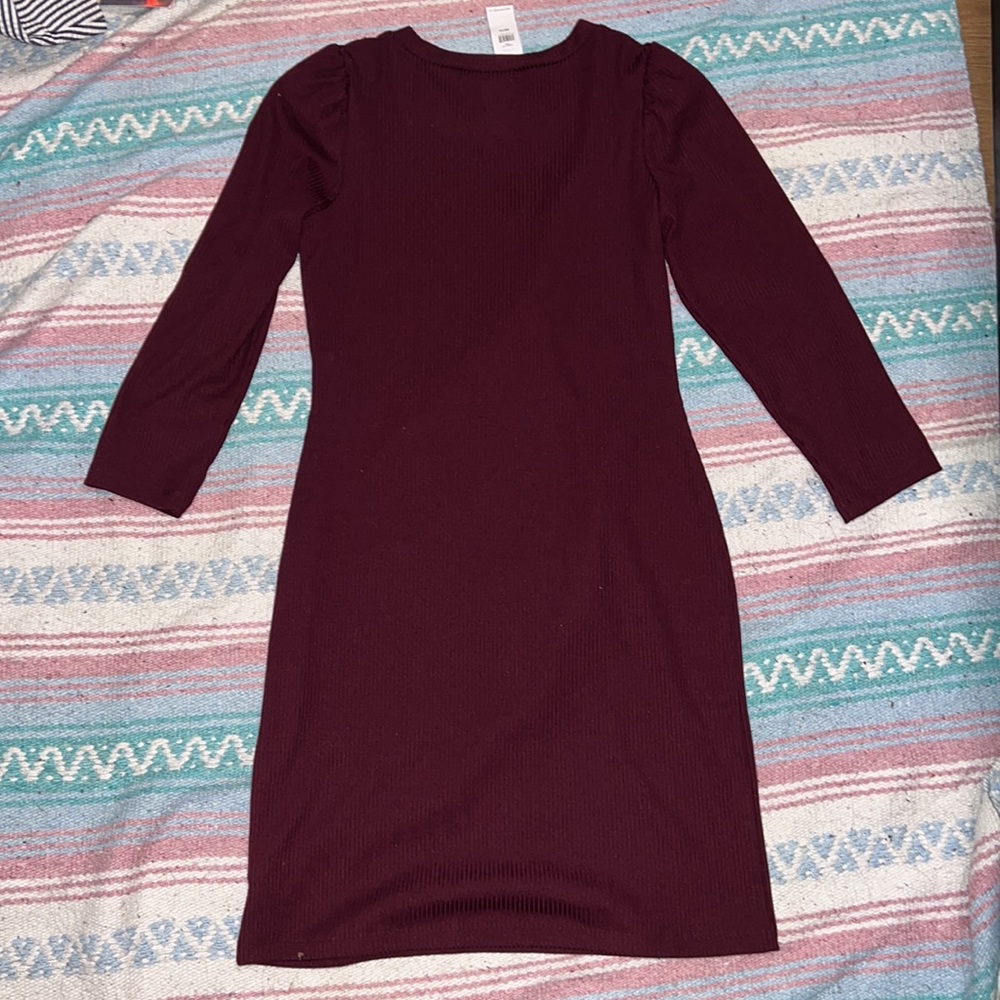 Gap burgundy ribbed long-sleeve bodycon dress with shoulder pads - Picture 2 of 2